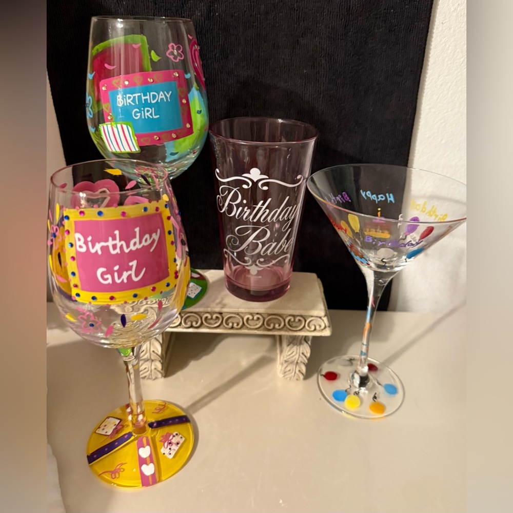 4 Birthday glasses. 2 Lolita wine glasses, a margarita glass, & pink pint glass.